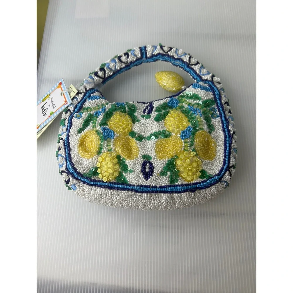 Handcrafted Beaded Lemon Mini Bag White Blue Yellow Citrus Fruit Hobo Handbag
